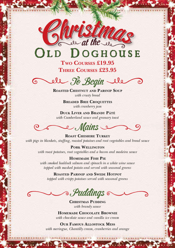 Christmas Menu The Three Greyhounds Pub, Cheshire